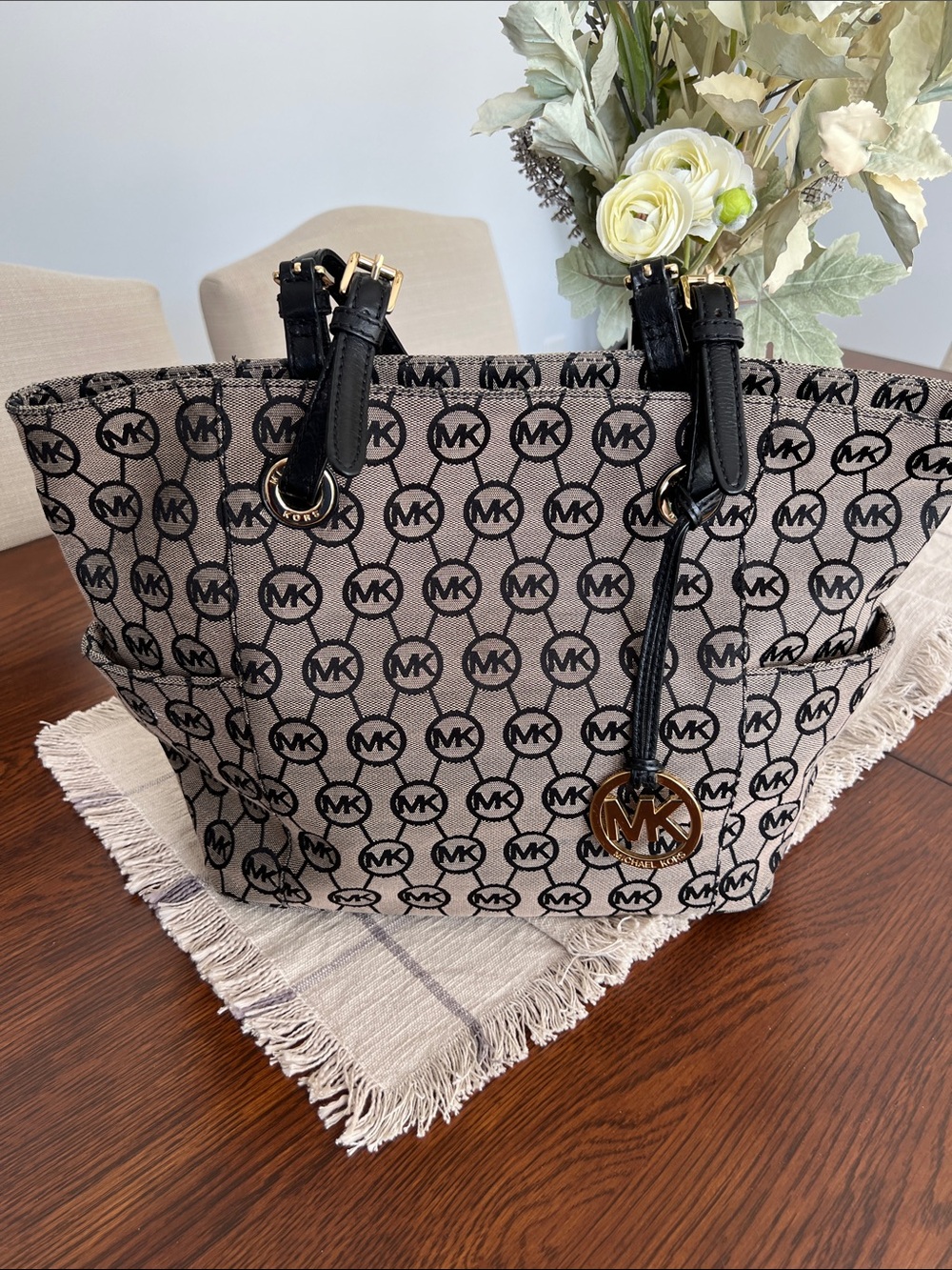 Michael Kors Beige Canvas MK Logo Tote with Black Trim